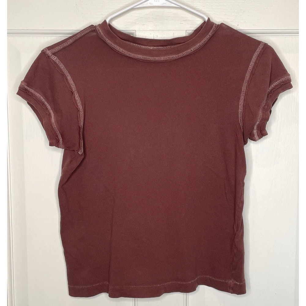 Free People We the Free Women's Cropped Baby Tee Sz XS Brown Raw Edges Boho